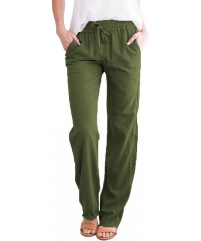 Women Casual Linen Pants Smocked Waist Long Lounge Pant Drawstring Petite Trousers with Pocket Summer Beach Long Pants H-army...