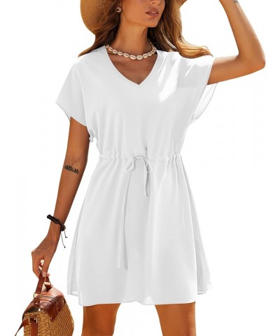 Womens Swimsuit Coverup Short Sleeve Beach Cover Up Dress V Neck Bikini Beachwear Style 2-Solid Color White $14.66 Swimsuits