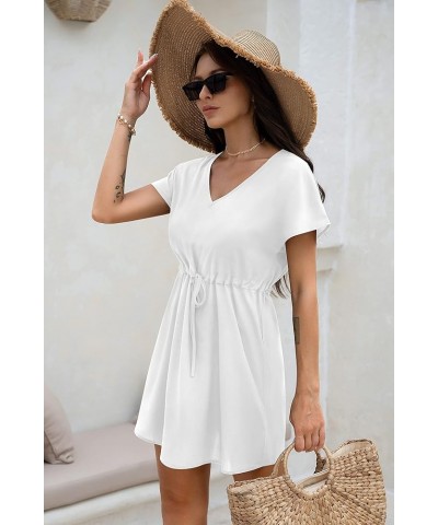 Womens Swimsuit Coverup Short Sleeve Beach Cover Up Dress V Neck Bikini Beachwear Style 2-Solid Color White $14.66 Swimsuits