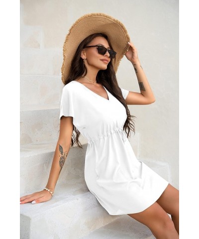 Womens Swimsuit Coverup Short Sleeve Beach Cover Up Dress V Neck Bikini Beachwear Style 2-Solid Color White $14.66 Swimsuits