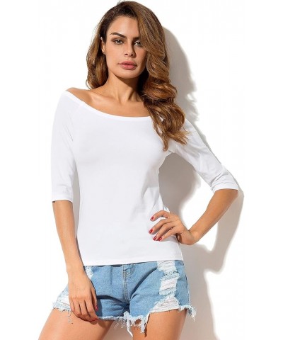 Womens Off Shoulder Top Half Sleeve Summer Cotton Blouses Boat Neck Tee Shirt White $13.24 T-Shirts