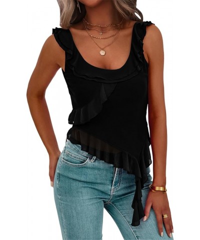 Women's Y2K Going Out Crop Top 2024 Summer Sleeveless Asymmetrical Mesh Tank Top Fitted Party Tops Black $14.03 Tanks