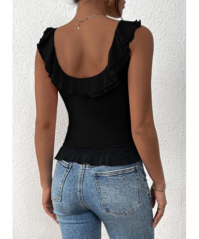 Women's Y2K Going Out Crop Top 2024 Summer Sleeveless Asymmetrical Mesh Tank Top Fitted Party Tops Black $14.03 Tanks