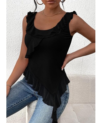 Women's Y2K Going Out Crop Top 2024 Summer Sleeveless Asymmetrical Mesh Tank Top Fitted Party Tops Black $14.03 Tanks