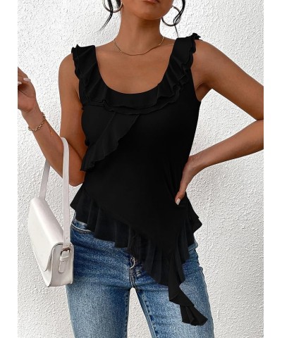 Women's Y2K Going Out Crop Top 2024 Summer Sleeveless Asymmetrical Mesh Tank Top Fitted Party Tops Black $14.03 Tanks