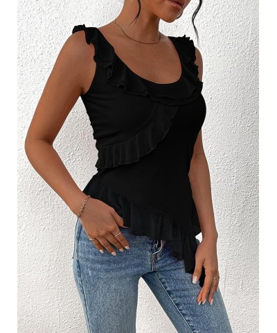 Women's Y2K Going Out Crop Top 2024 Summer Sleeveless Asymmetrical Mesh Tank Top Fitted Party Tops Black $14.03 Tanks