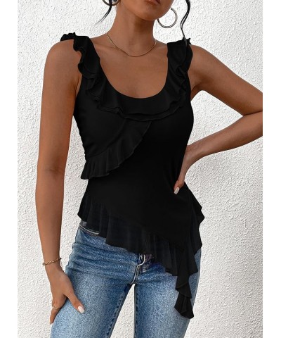 Women's Y2K Going Out Crop Top 2024 Summer Sleeveless Asymmetrical Mesh Tank Top Fitted Party Tops Black $14.03 Tanks