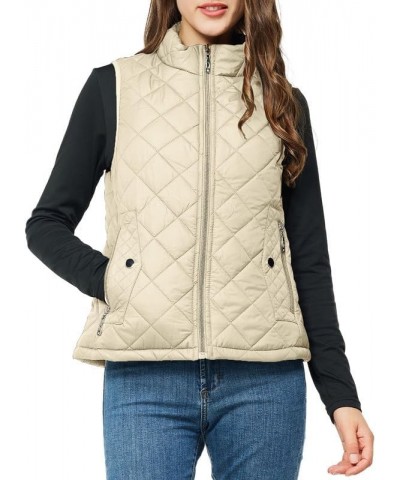 Women's Quilted Vest Lightweight Puffer Jacket with Detachable Hood Stand Collar Zip Outwear No Hood - Beige $15.75 Vests