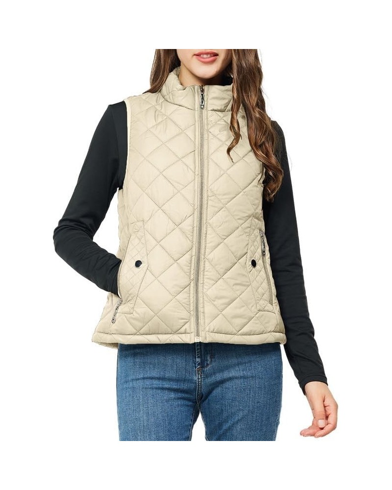 Women's Quilted Vest Lightweight Puffer Jacket with Detachable Hood Stand Collar Zip Outwear No Hood - Beige $15.75 Vests