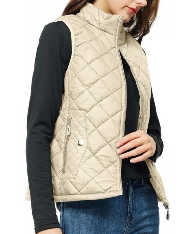 Women's Quilted Vest Lightweight Puffer Jacket with Detachable Hood Stand Collar Zip Outwear No Hood - Beige $15.75 Vests