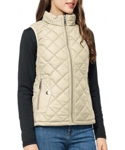 Women's Quilted Vest Lightweight Puffer Jacket with Detachable Hood Stand Collar Zip Outwear No Hood - Beige $15.75 Vests