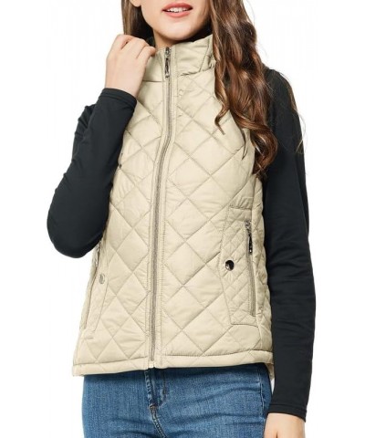 Women's Quilted Vest Lightweight Puffer Jacket with Detachable Hood Stand Collar Zip Outwear No Hood - Beige $15.75 Vests