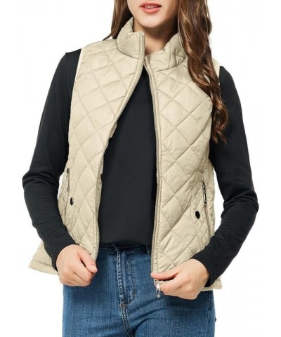 Women's Quilted Vest Lightweight Puffer Jacket with Detachable Hood Stand Collar Zip Outwear No Hood - Beige $15.75 Vests