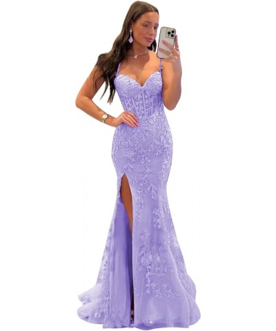 Women's Spaghetti Straps V Neck Lace Appliques Prom Dresses Long Corset Tulle Formal Evening Party Gowns with Slit Lavender $...