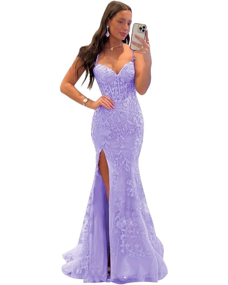 Women's Spaghetti Straps V Neck Lace Appliques Prom Dresses Long Corset Tulle Formal Evening Party Gowns with Slit Lavender $...