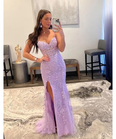 Women's Spaghetti Straps V Neck Lace Appliques Prom Dresses Long Corset Tulle Formal Evening Party Gowns with Slit Lavender $...