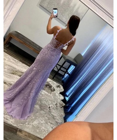 Women's Spaghetti Straps V Neck Lace Appliques Prom Dresses Long Corset Tulle Formal Evening Party Gowns with Slit Lavender $...