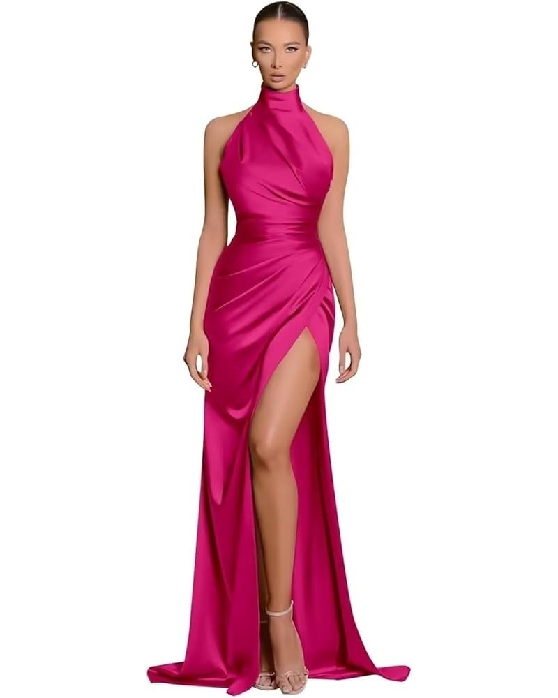 Halter Neck Prom Dresses with Split Long for Women 2023 Women's Mermaid Pleated Satin Formal Evening Dresses Hot Pink $18.86 ...