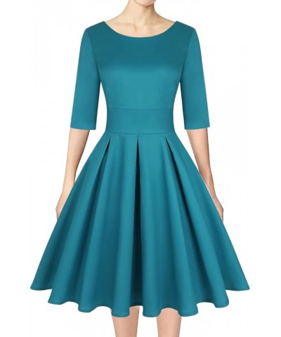 Women's 1950s Retro Vintage Cocktail Party 3/4 Sleeve Swing Dress Solid Turquoise Blue $19.88 Dresses