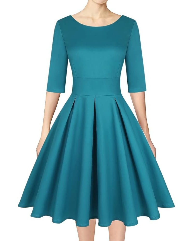 Women's 1950s Retro Vintage Cocktail Party 3/4 Sleeve Swing Dress Solid Turquoise Blue $19.88 Dresses