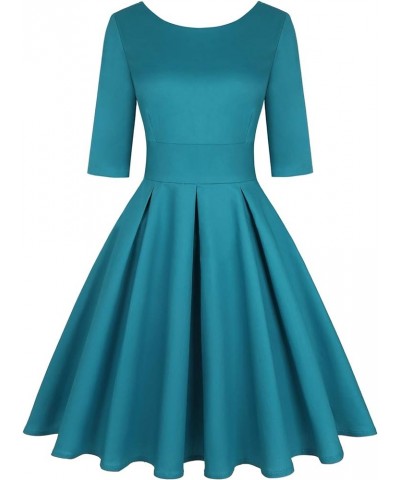 Women's 1950s Retro Vintage Cocktail Party 3/4 Sleeve Swing Dress Solid Turquoise Blue $19.88 Dresses