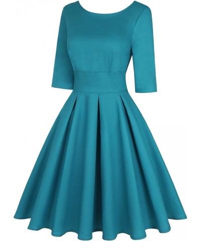 Women's 1950s Retro Vintage Cocktail Party 3/4 Sleeve Swing Dress Solid Turquoise Blue $19.88 Dresses