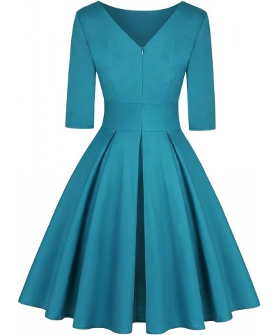 Women's 1950s Retro Vintage Cocktail Party 3/4 Sleeve Swing Dress Solid Turquoise Blue $19.88 Dresses