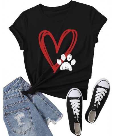 Dog Paw Love Heart Print T-Shirt for Women Short Sleeve Dog Mom Graphic Tees Tops Mother's Day Shirts B Black $13.33 Others