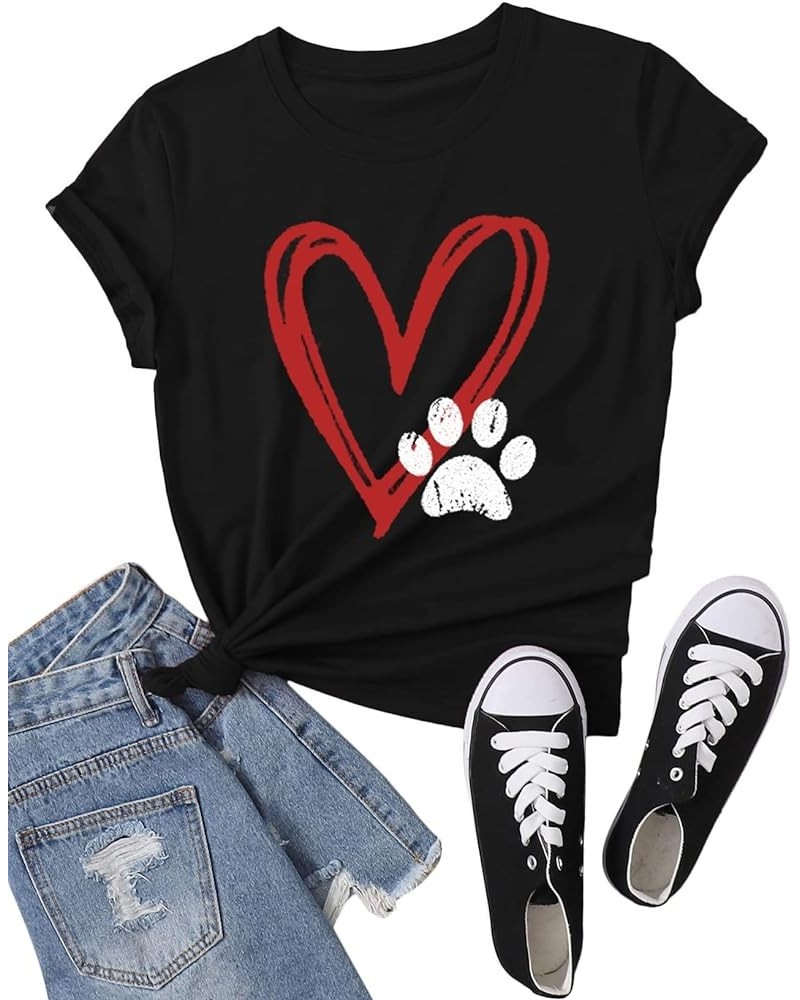 Dog Paw Love Heart Print T-Shirt for Women Short Sleeve Dog Mom Graphic Tees Tops Mother's Day Shirts B Black $13.33 Others