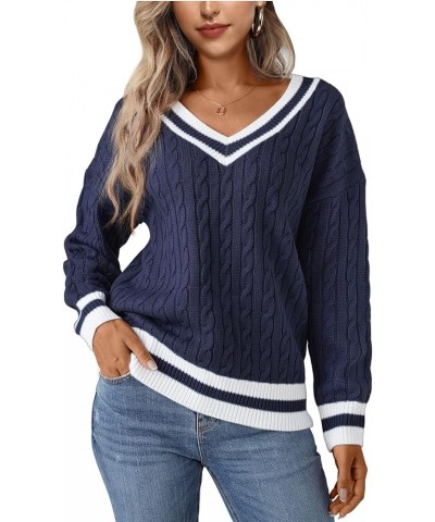 Women's Cable Knit V Neck Sweaters Casual Long Sleeve Pullover Striped 2023 Trendy Loose Preppy Jumper Top Navy $18.19 Sweaters