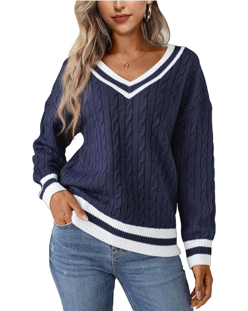 Women's Cable Knit V Neck Sweaters Casual Long Sleeve Pullover Striped 2023 Trendy Loose Preppy Jumper Top Navy $18.19 Sweaters