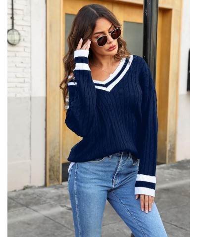 Women's Cable Knit V Neck Sweaters Casual Long Sleeve Pullover Striped 2023 Trendy Loose Preppy Jumper Top Navy $18.19 Sweaters