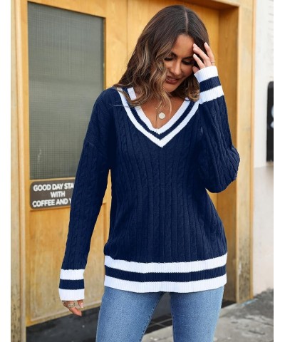 Women's Cable Knit V Neck Sweaters Casual Long Sleeve Pullover Striped 2023 Trendy Loose Preppy Jumper Top Navy $18.19 Sweaters