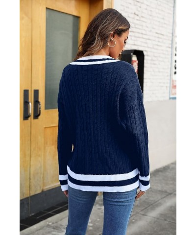 Women's Cable Knit V Neck Sweaters Casual Long Sleeve Pullover Striped 2023 Trendy Loose Preppy Jumper Top Navy $18.19 Sweaters