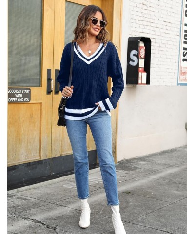 Women's Cable Knit V Neck Sweaters Casual Long Sleeve Pullover Striped 2023 Trendy Loose Preppy Jumper Top Navy $18.19 Sweaters