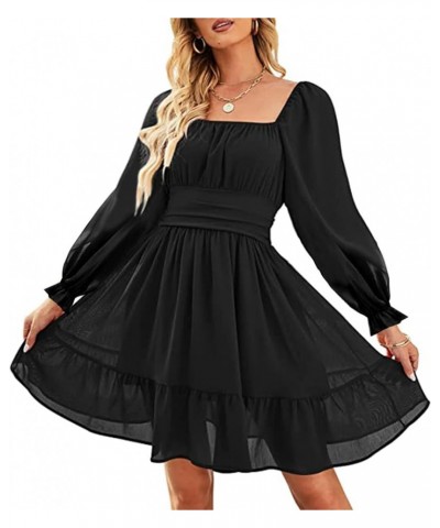 Women's Square Neck Off Shoulder Tie Back Long Lantern Sleeve Ruffle Short Dress A-Line Mini Dress Black $19.74 Dresses