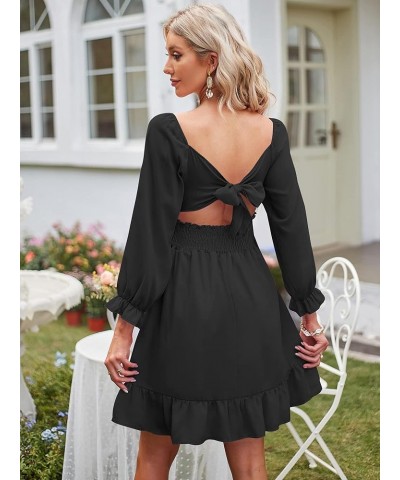 Women's Square Neck Off Shoulder Tie Back Long Lantern Sleeve Ruffle Short Dress A-Line Mini Dress Black $19.74 Dresses