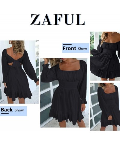 Women's Square Neck Off Shoulder Tie Back Long Lantern Sleeve Ruffle Short Dress A-Line Mini Dress Black $19.74 Dresses