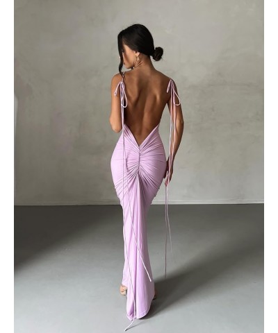 Women Sexy Backless Maxi Dress Sleeveless Halterneck Solid Slim Fit Bodycon Formal Cocktail Dress for Party Oo Self Tie Purpl...