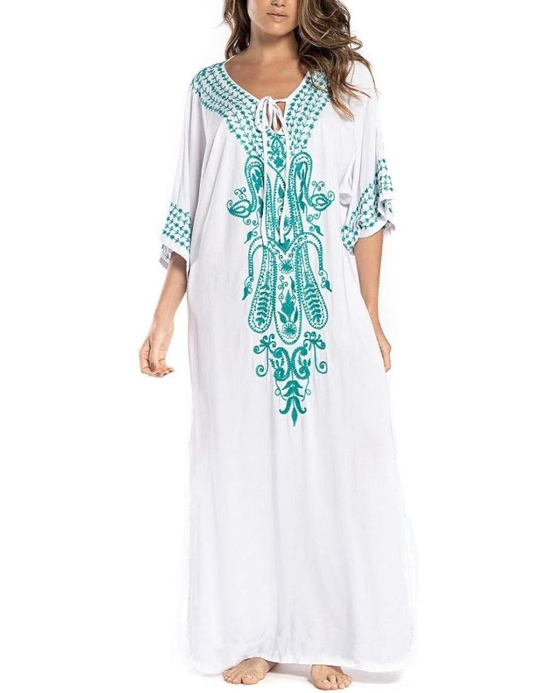 Women Long Tunic Dress Kaftan Maxi Dress Batwing 3/4 Sleeve Plus Size Summer Dress White Blue 023 $11.80 Swimsuits