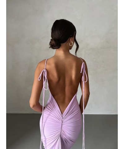 Women Sexy Backless Maxi Dress Sleeveless Halterneck Solid Slim Fit Bodycon Formal Cocktail Dress for Party Oo Self Tie Purpl...