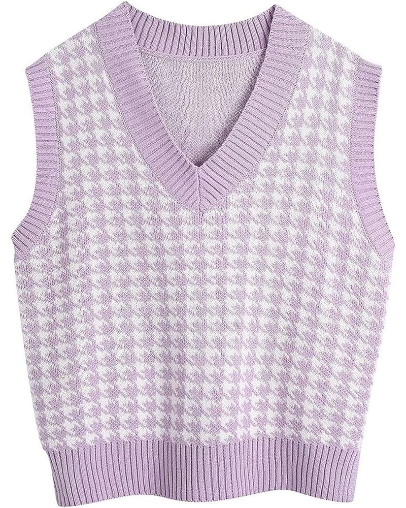 Plaid Vest for Women Fashion Casual Sleeveless V Neck Knit Top Sweater Vest(A) Size-S Purple $14.47 Sweaters