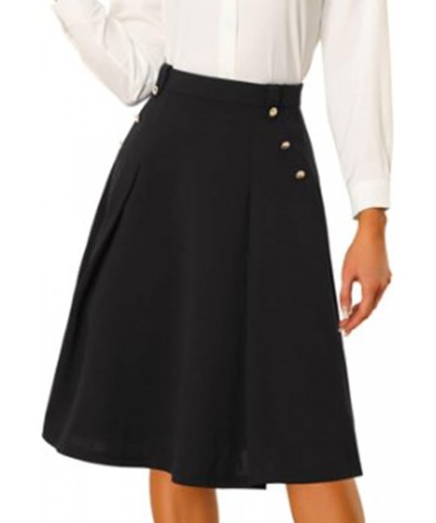 Women's High Waist Button Decor Vintage Pleated Flared Midi Skirt Black $16.45 Skirts