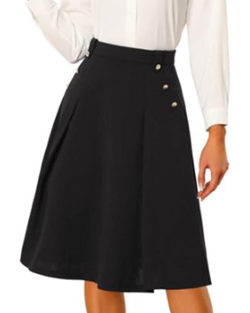 Women's High Waist Button Decor Vintage Pleated Flared Midi Skirt Black $16.45 Skirts