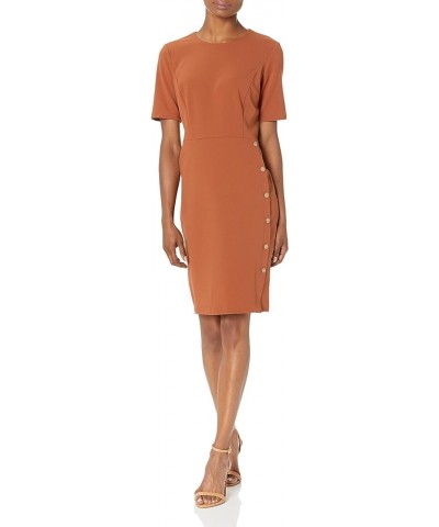 Women's Short Sleeve Knee Length Crew Neck Button Side Career Polished Sheath Dress Cedar $50.43 Dresses