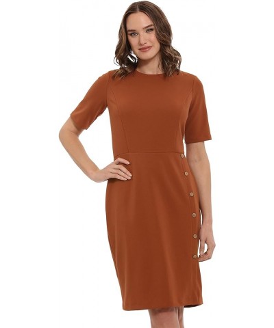 Women's Short Sleeve Knee Length Crew Neck Button Side Career Polished Sheath Dress Cedar $50.43 Dresses