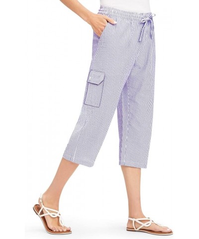 Striped Seersucker Drawstring Cargo Pocket Capri Pants Lilac $15.83 Pants