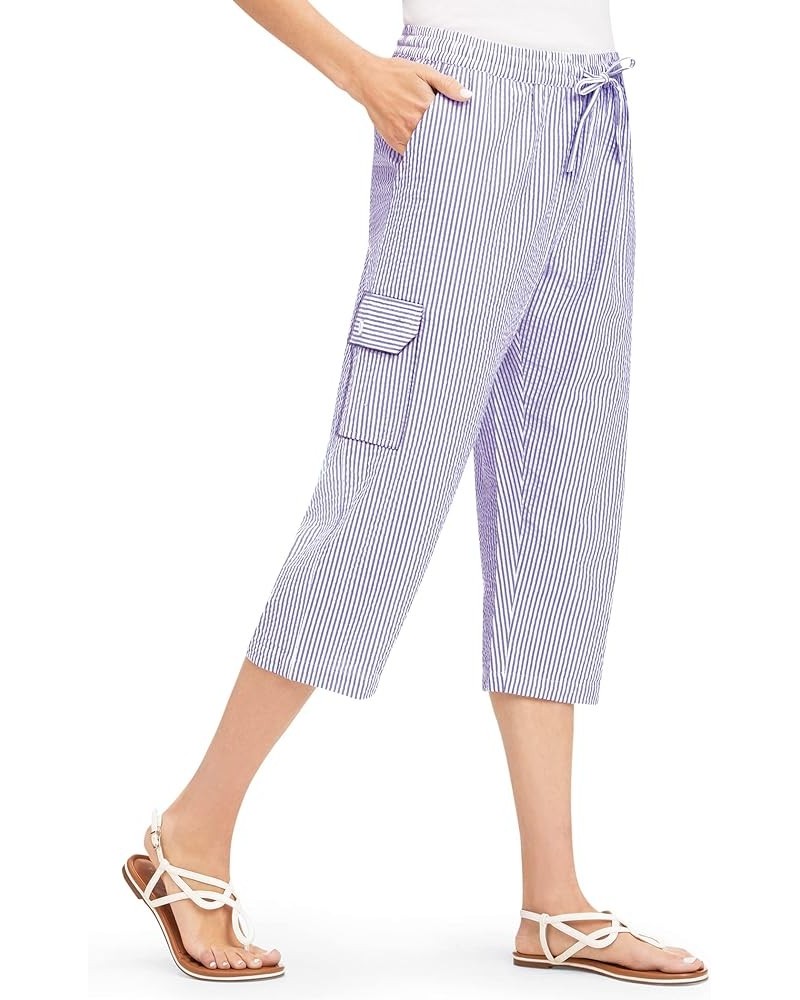 Striped Seersucker Drawstring Cargo Pocket Capri Pants Lilac $15.83 Pants