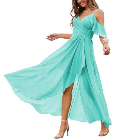 Women's Cold Shoulder Bridesmaid Dresses Long Chiffon Side Split V Neck Formal Party Gowns with Pockets SK19 Turquoise $33.79...