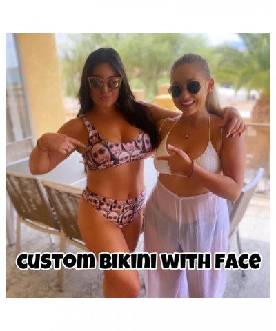 Custom Face Bikini Set for Women High Waisted Personalized Swimsuits with Photo Two Piece Pool Party Funny Gift Peach Blossom...